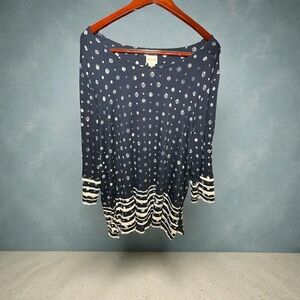 Chico's Size 3 (XL) Women's Navy Three Quarter Sleeve Top Polka Dot Stripes